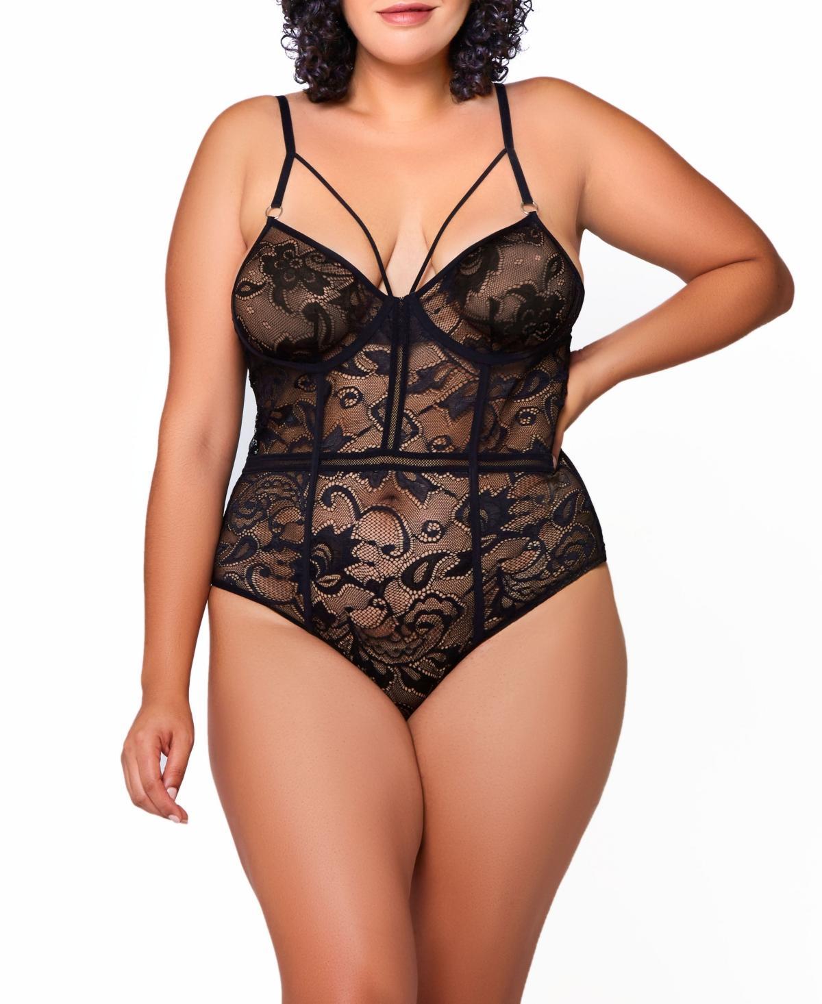 Icollection Women's Kimmy Plus Size Embroidered Lace And Mesh 1Pc Bodysuit, 1X Product Image