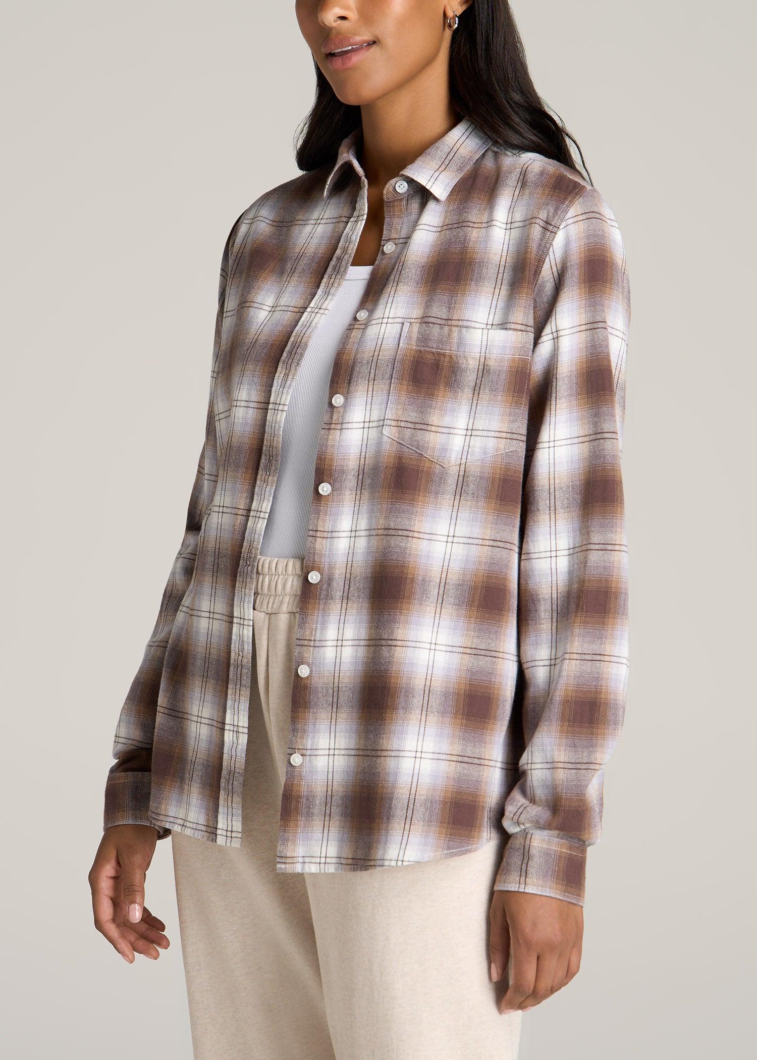 Flannel Button-Up Shirt for Tall Women in Taupe and Grey Female Product Image