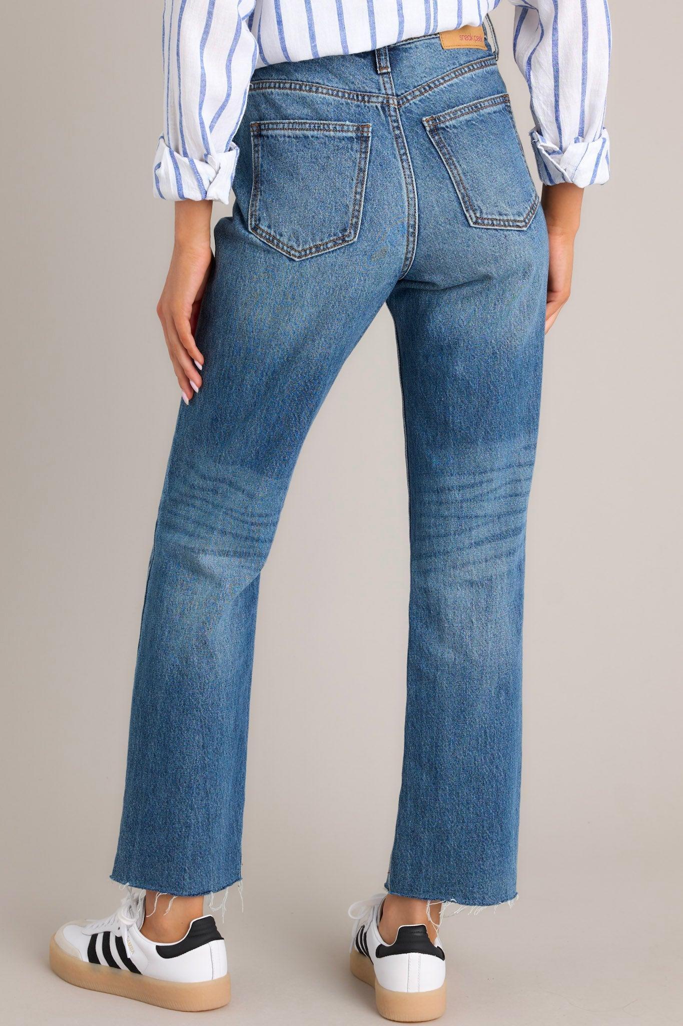 Medium Wash Raw Hem Straight Leg Jeans Product Image