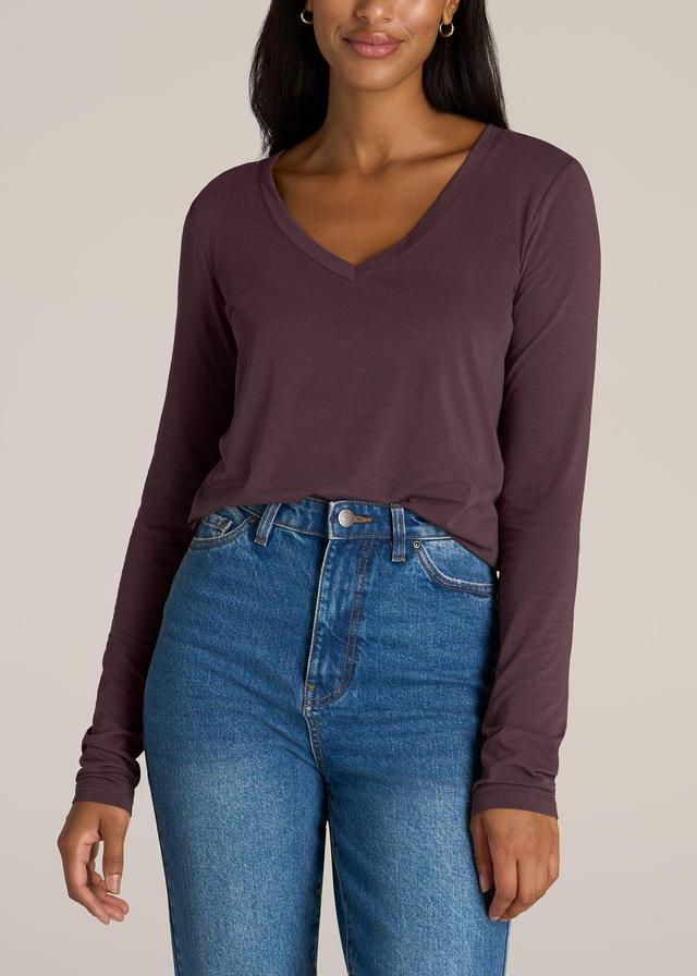 Long Sleeve Scoop V-Neck Tee Shirt for Tall Women in Merlot Female Product Image