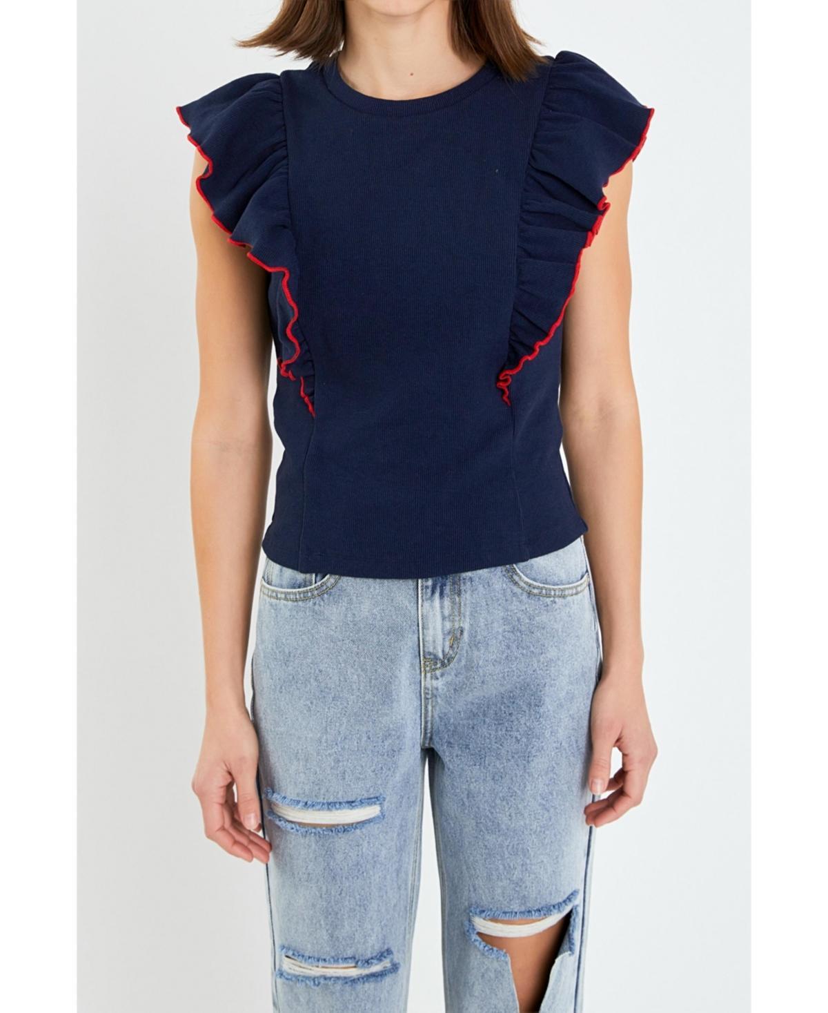 English Factory Womens Contrast Merrow Detail Ruffled Knit Top - Navy Product Image