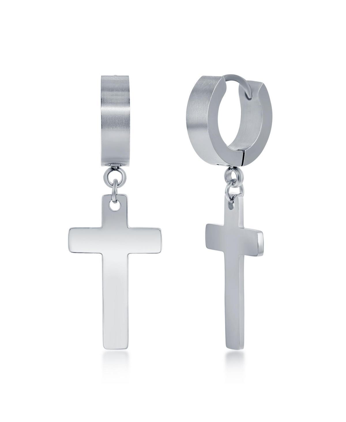 Mens Stainless Steel Cross Charm Polished Huggie Hoop Earrings Product Image