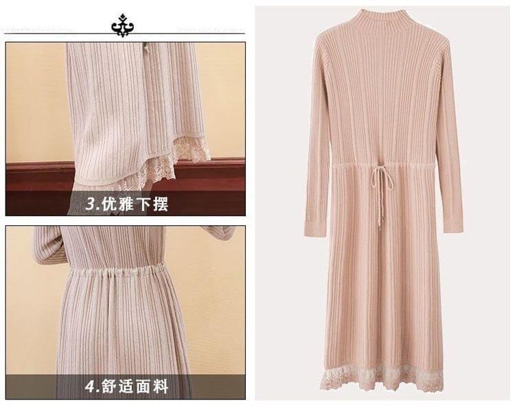 Long-Sleeve Mock Neck Plain Lace Panel Drawstring Waist Midi A-Line Knit Dress Product Image