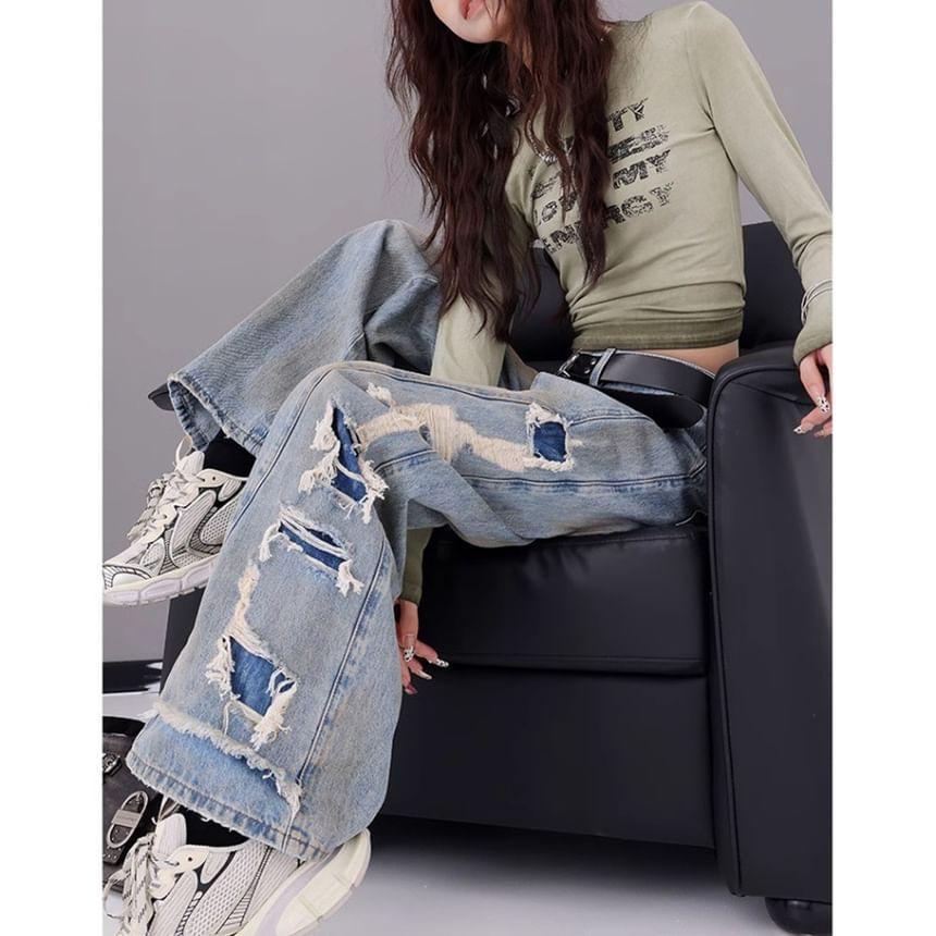 Mid Rise Distressed Washed Wide Leg Jeans Product Image