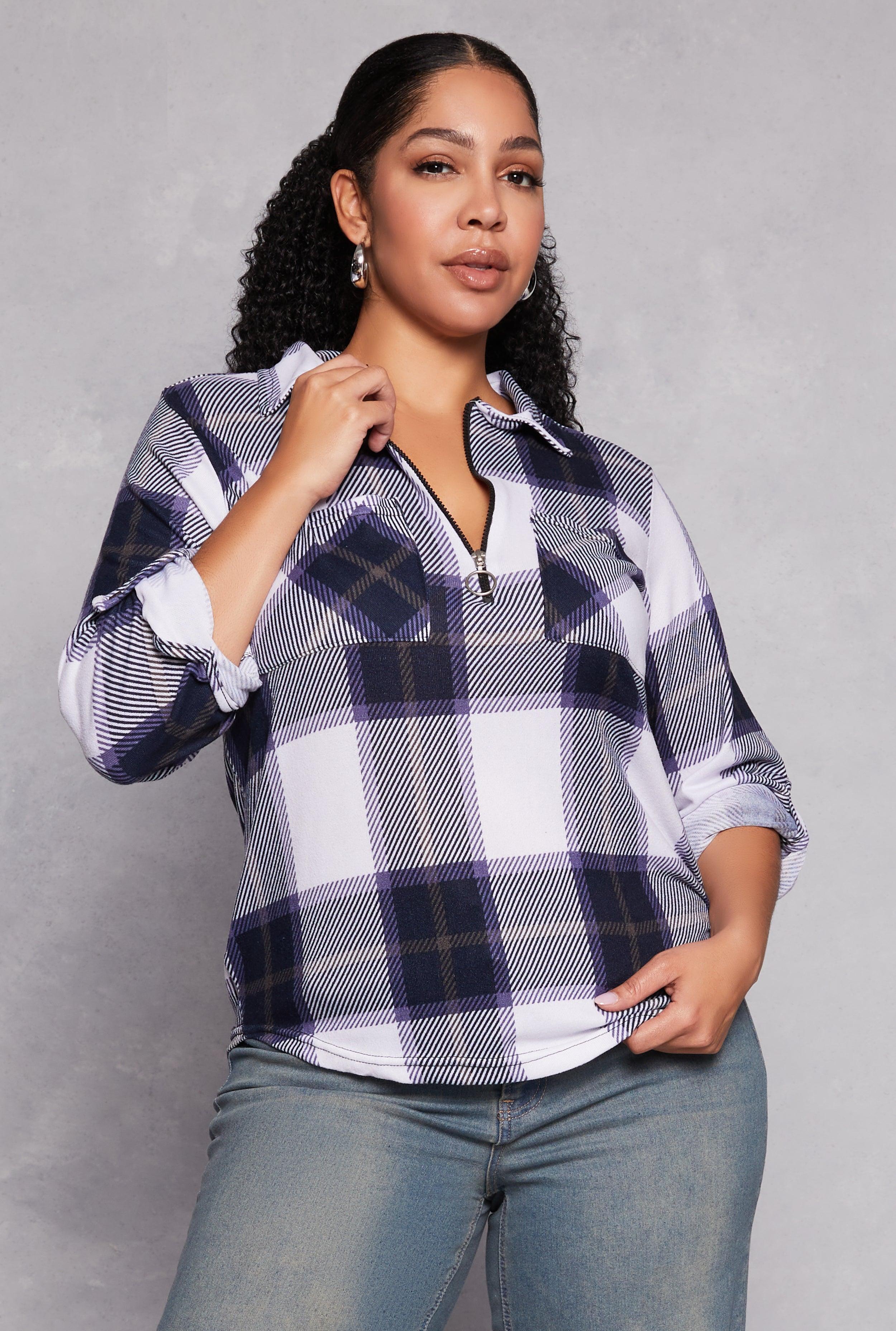 Womens Plus Size Plaid Half Zip Shirt Product Image