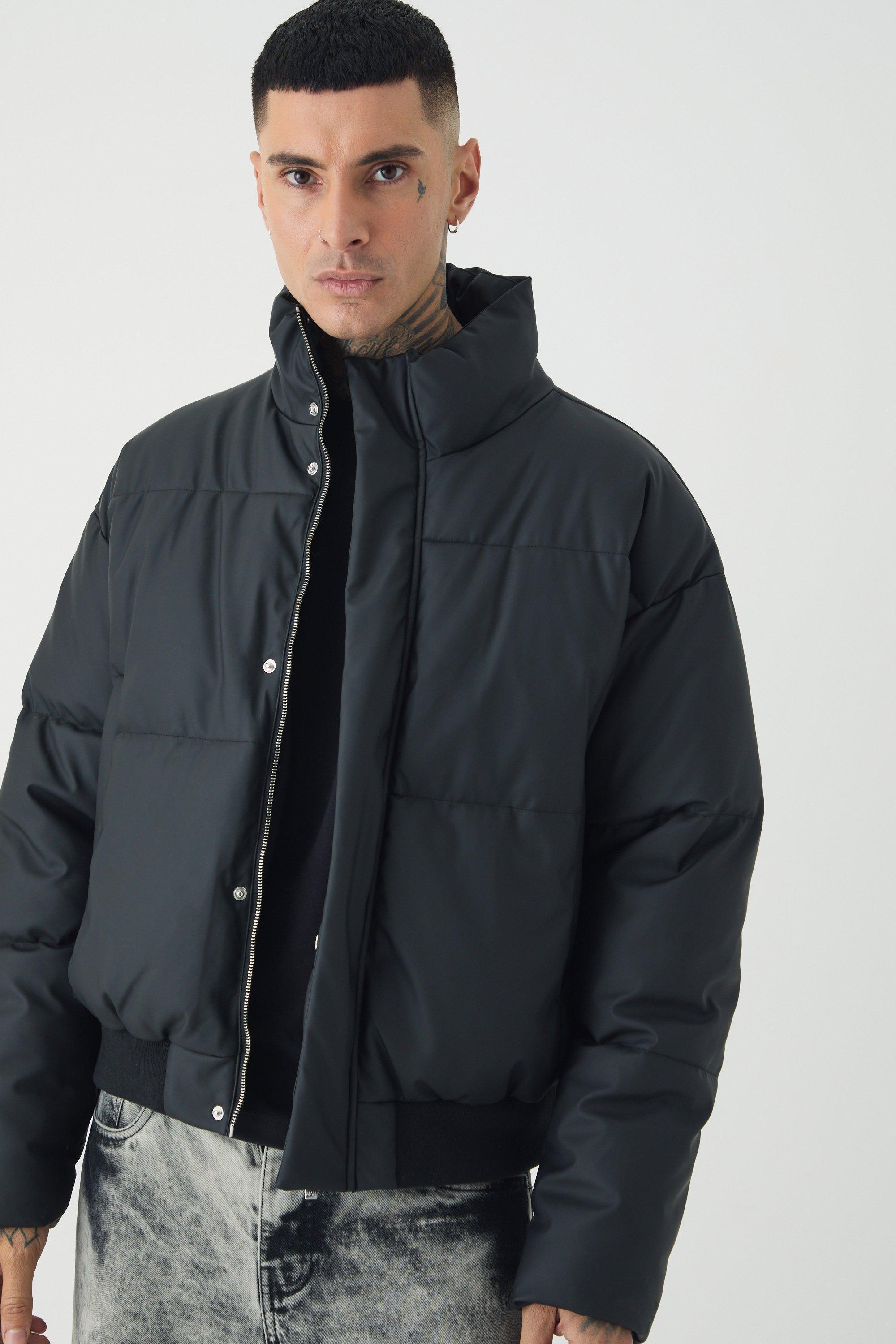 Tall Matte PU Funnel Neck Puffer In Black | boohooMAN USA Product Image