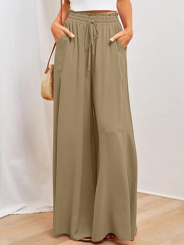 High Waisted Loose Drawstring Elasticity Pleated Pockets Solid Color Pants Trousers Product Image