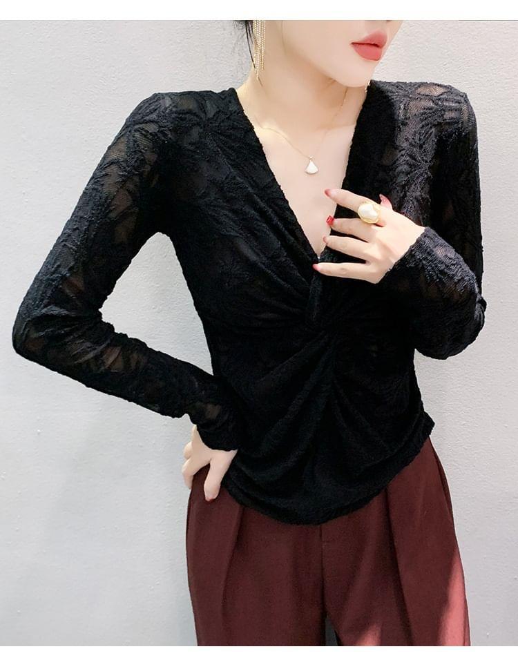 Long-Sleeve V-Neck Knotted Lace Top Product Image