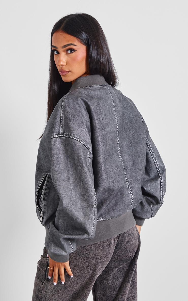 Petite Washed Grey Distressed Faux Leather Bomber Jacket Product Image