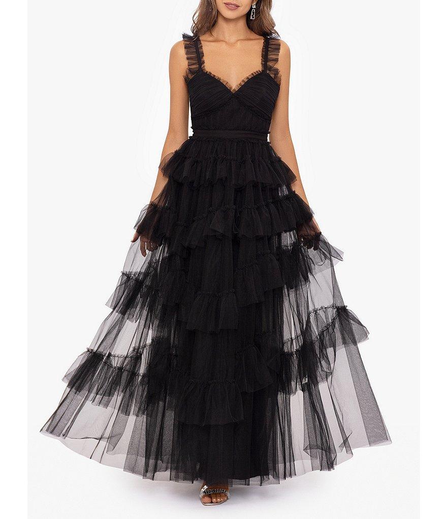 Betsy & Adam Mesh Tiered Ruffle Sleeveless Gown Product Image