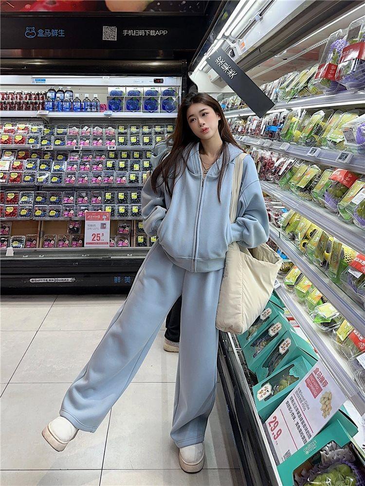 Plain Zip-Up Hoodie / High Waist Wide Leg Sweatpants Product Image