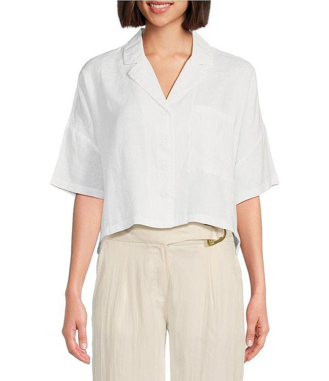 DKNY by Donna Karan Linen Notch Collar Short Sleeve Chest Pocket Button-Front Draped Hem Blouse Product Image