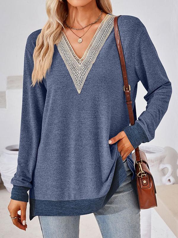 Long Sleeves Loose Hollow Split-Joint Split-Side V-Neck T-Shirts Tops Product Image