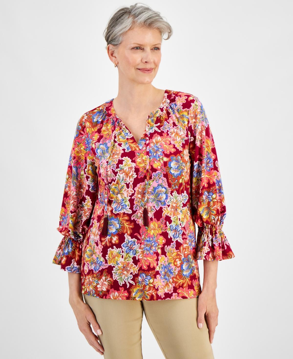 Jm Collection Womens Floral Print 3/4 Sleeve Ruffled-Cuff Top, Created for Macys Product Image