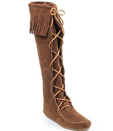 Minnetonka Womens Hardsole Suede Fringe Tall Lace Up Boots Product Image