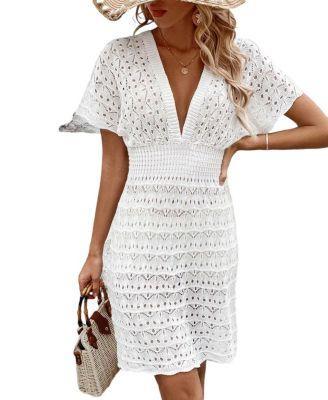 Women's Crochet V-Neck Smocked Cover-Up Beach Dress Product Image