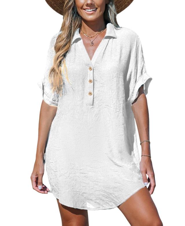 Cupshe Womens Navy Collared V-Neck Mini Cover-Up Beach Dress Product Image