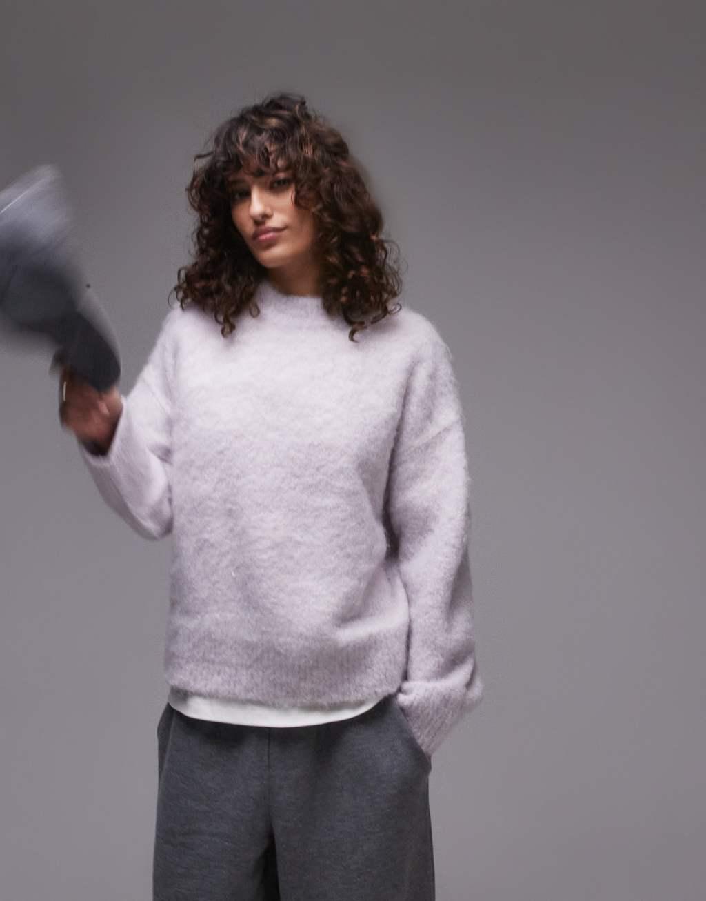 Topshop fluffy knit relaxed sweater in lilac Product Image