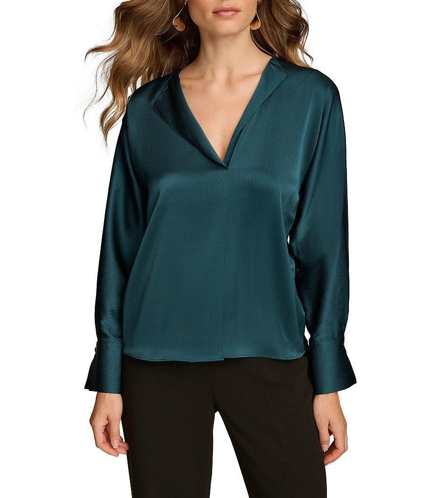 Donna Karan Hammered Satin V-Neck Long Sleeve Top Product Image