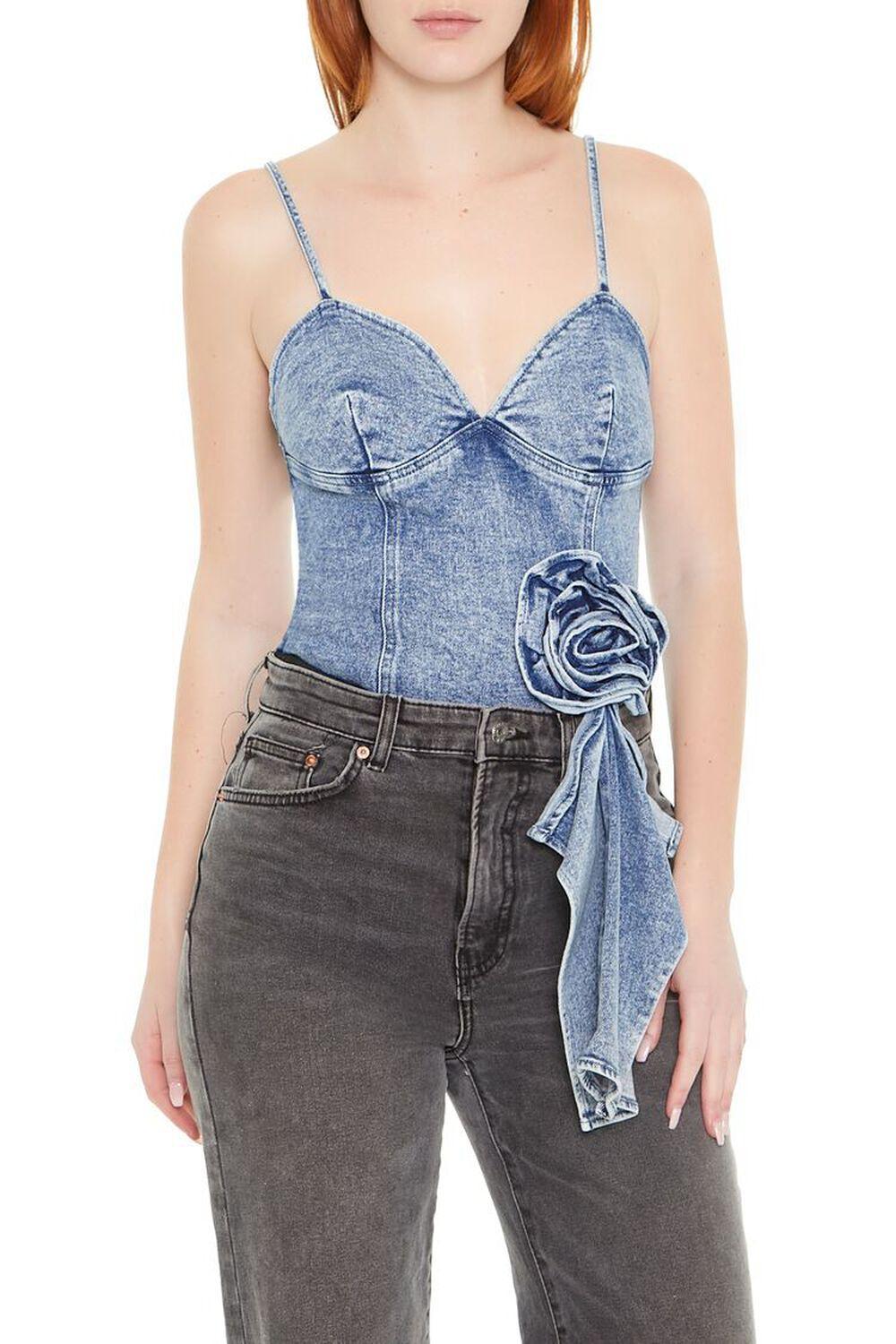 Rosette Denim Bodysuit | Forever 21 Product Image