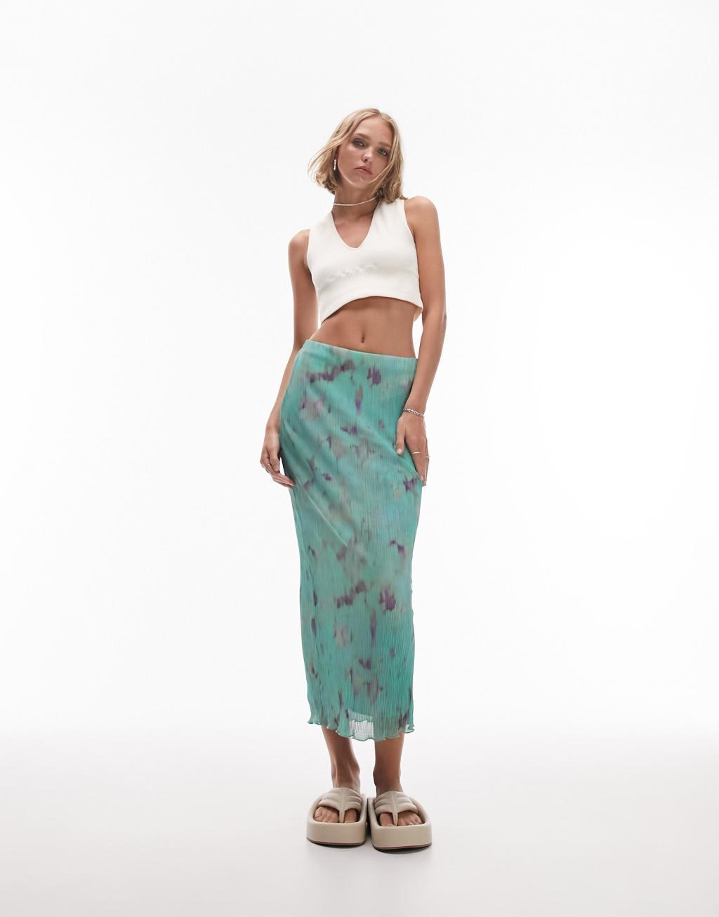 Topshop Petite plisse tiedye print midi skirt in blue Product Image