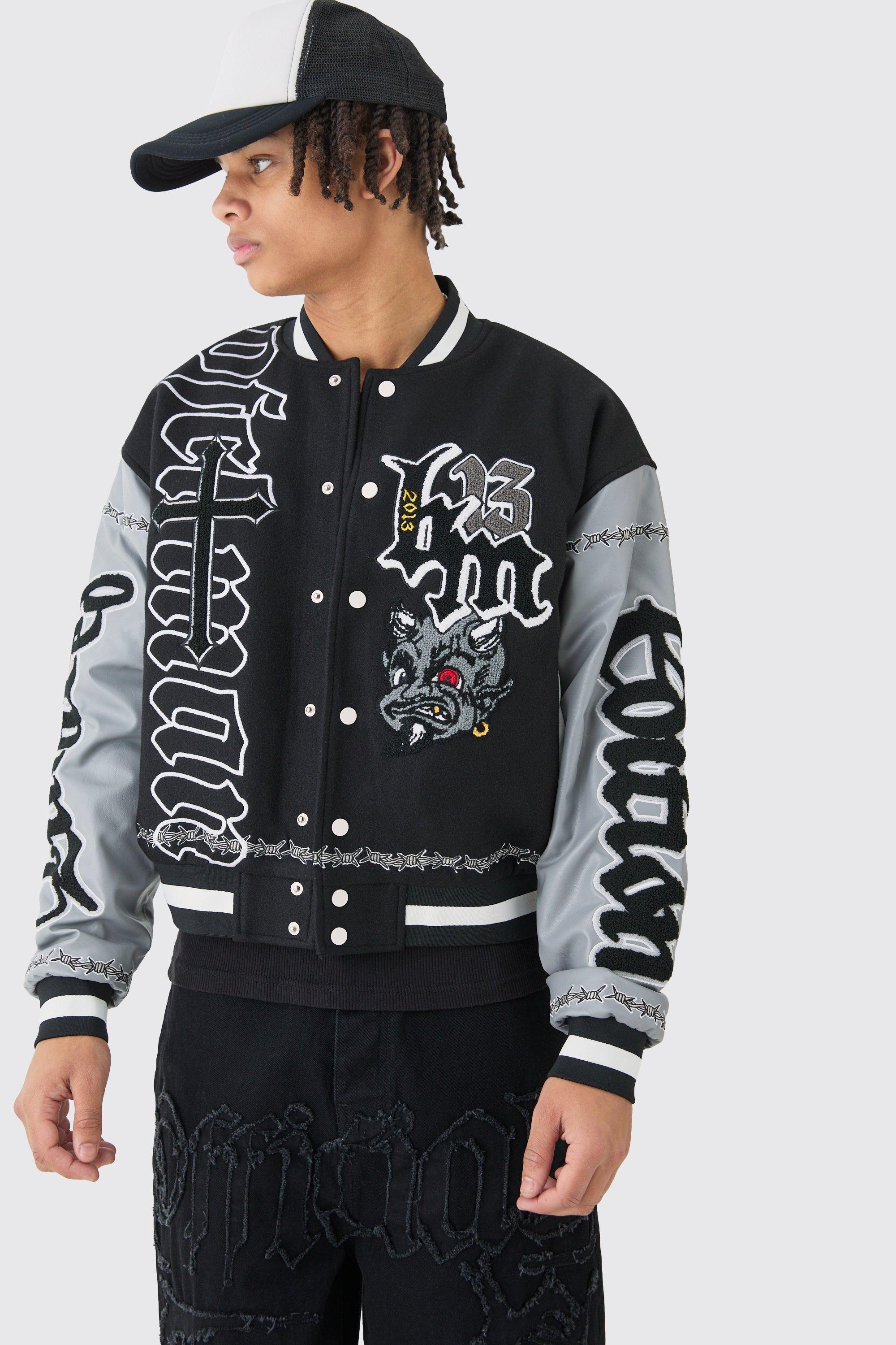 Boxy Limited Badge Pu Sleeve Varsity Jacket In Black | boohooMAN USA Product Image