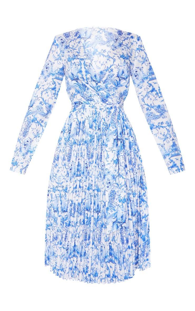 Blue Porcelain Print Long Sleeve Pleated Midi Dress Product Image