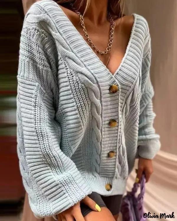 Olivia Mark – Cable Knit Button Front Lantern Sleeve Cardigan Product Image