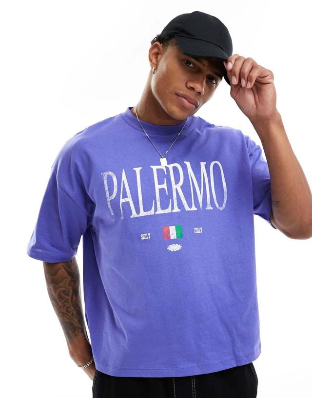 ASOS DESIGN oversized boxy t-shirt with Palermo front print in blue Product Image