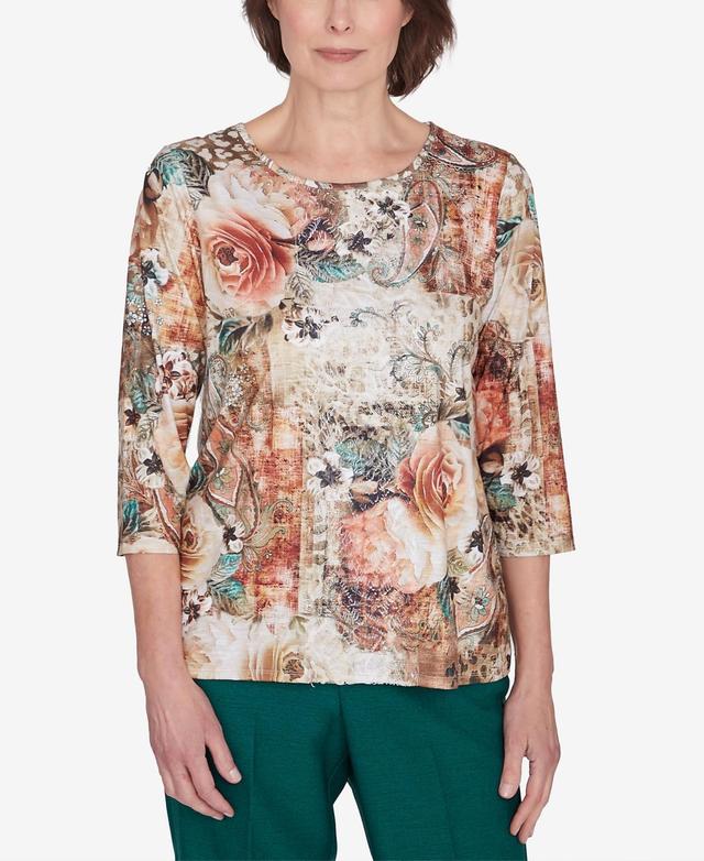 Alfred Dunner Womens Emerald Isle Center Lace Floral Print Top Product Image