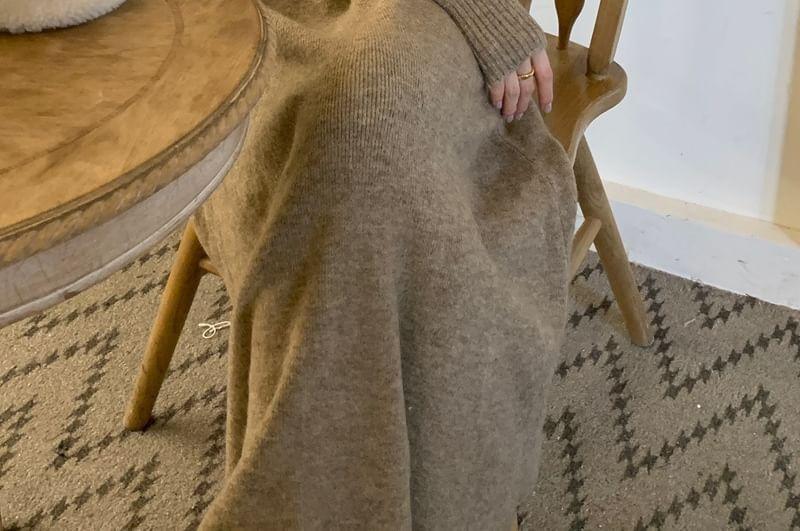 Set: Long Sleeve Square-Neck Plain Slim-Fit Cardigan + High Rise Knitted Maxi A-Line Skirt Product Image