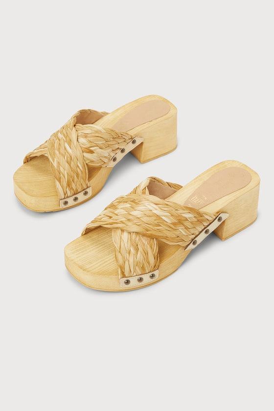 Warm Waters Natural Raffia Wooden Platform Slide Sandals Product Image