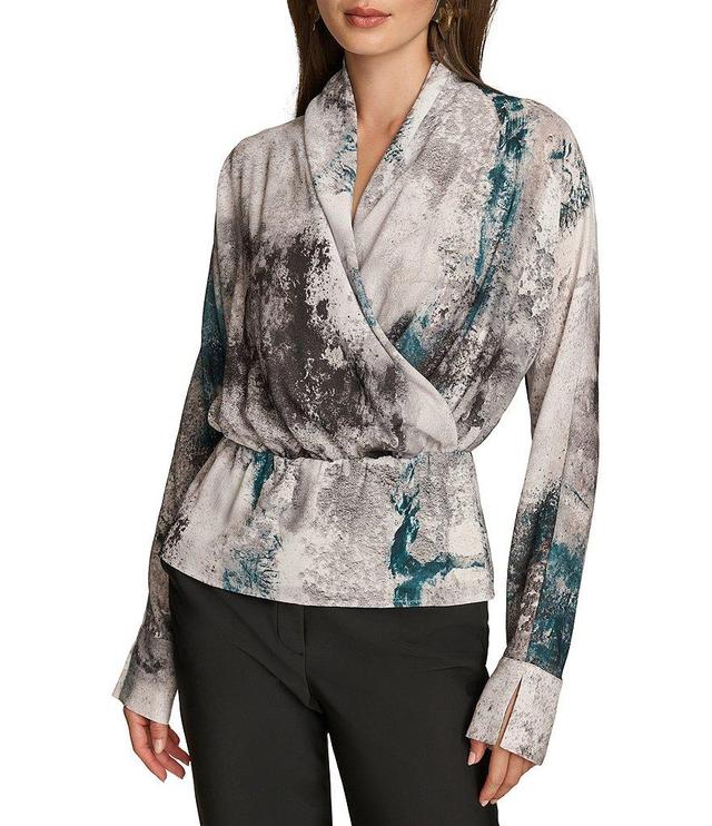 Donna Karan Textured Georgette Long Sleeve Faux Wrap Blouse Product Image