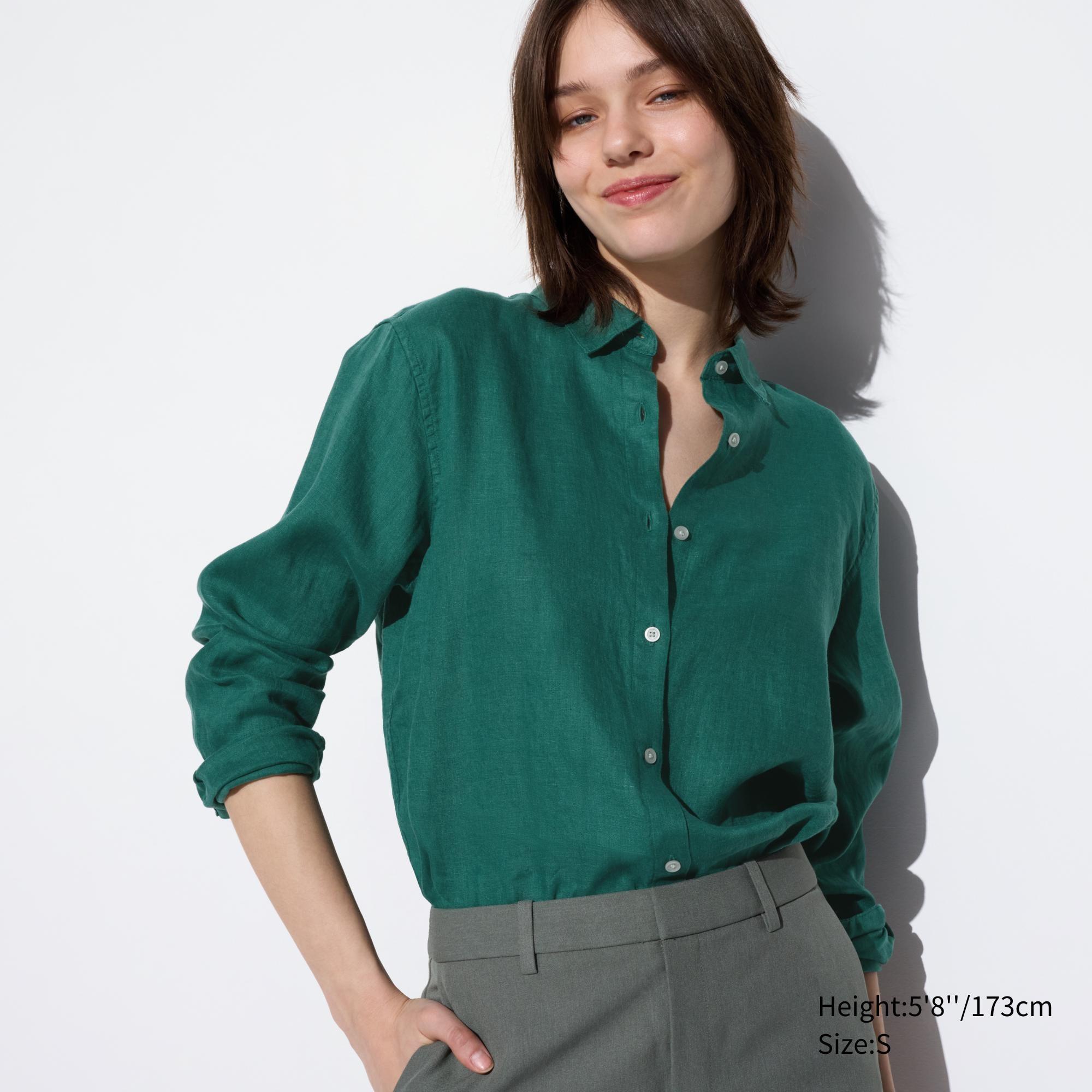 Womens Premium Linen Long Sleeve Shirt Green Small UNIQLO US product image