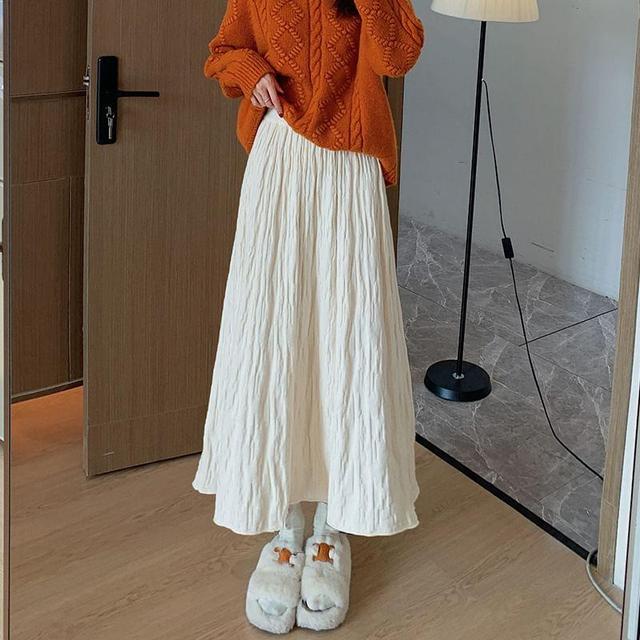 High Waist Plain Pleated A-Line Midi Skirt Product Image