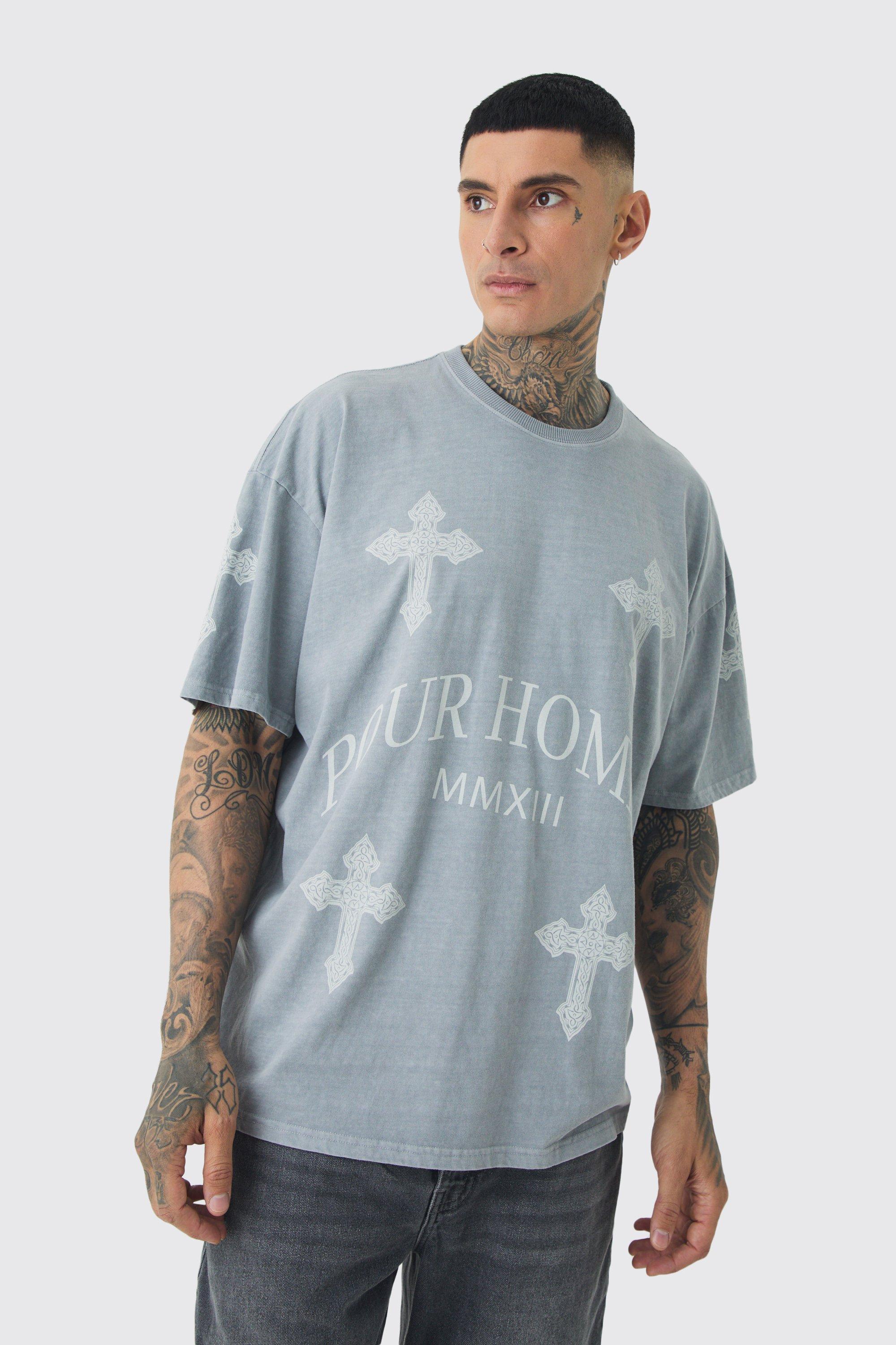 Tall Pour Homme Cross Printed T-shirt In Grey | boohooMAN USA Product Image