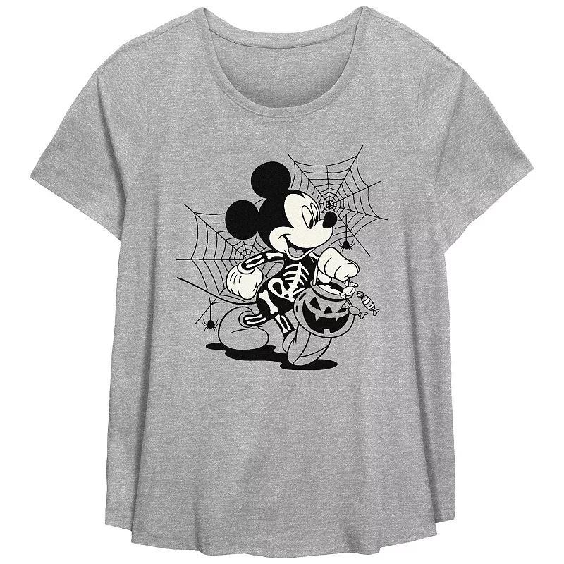 Disneys Mickey Mouse Skeleton Trick Or Treater Plus Size Flowy Graphic Tee, Womens Grey Gray Product Image