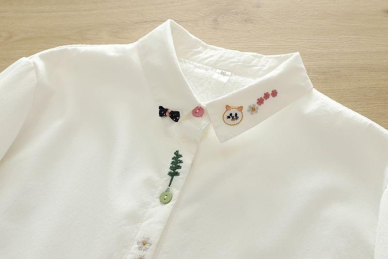 Long Sleeve Collared Floral Embroidered Shirt Product Image