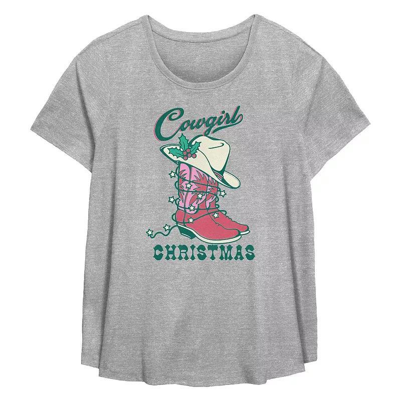 Plus Size Cowgirl Christmas Hat And Boots Flowy Graphic Tee, Womens Grey Gray Product Image