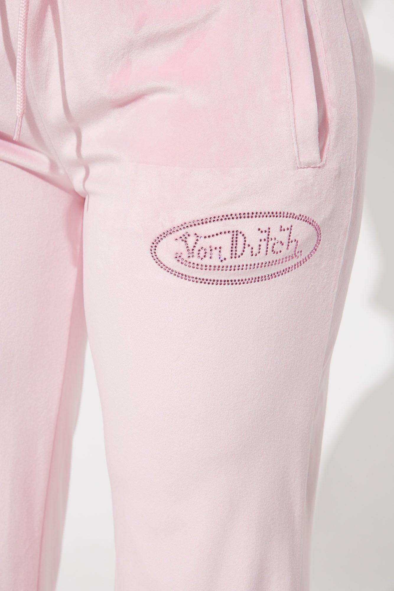 Von Dutch Velour Rhinestone Wide Leg Pant - Pink Product Image