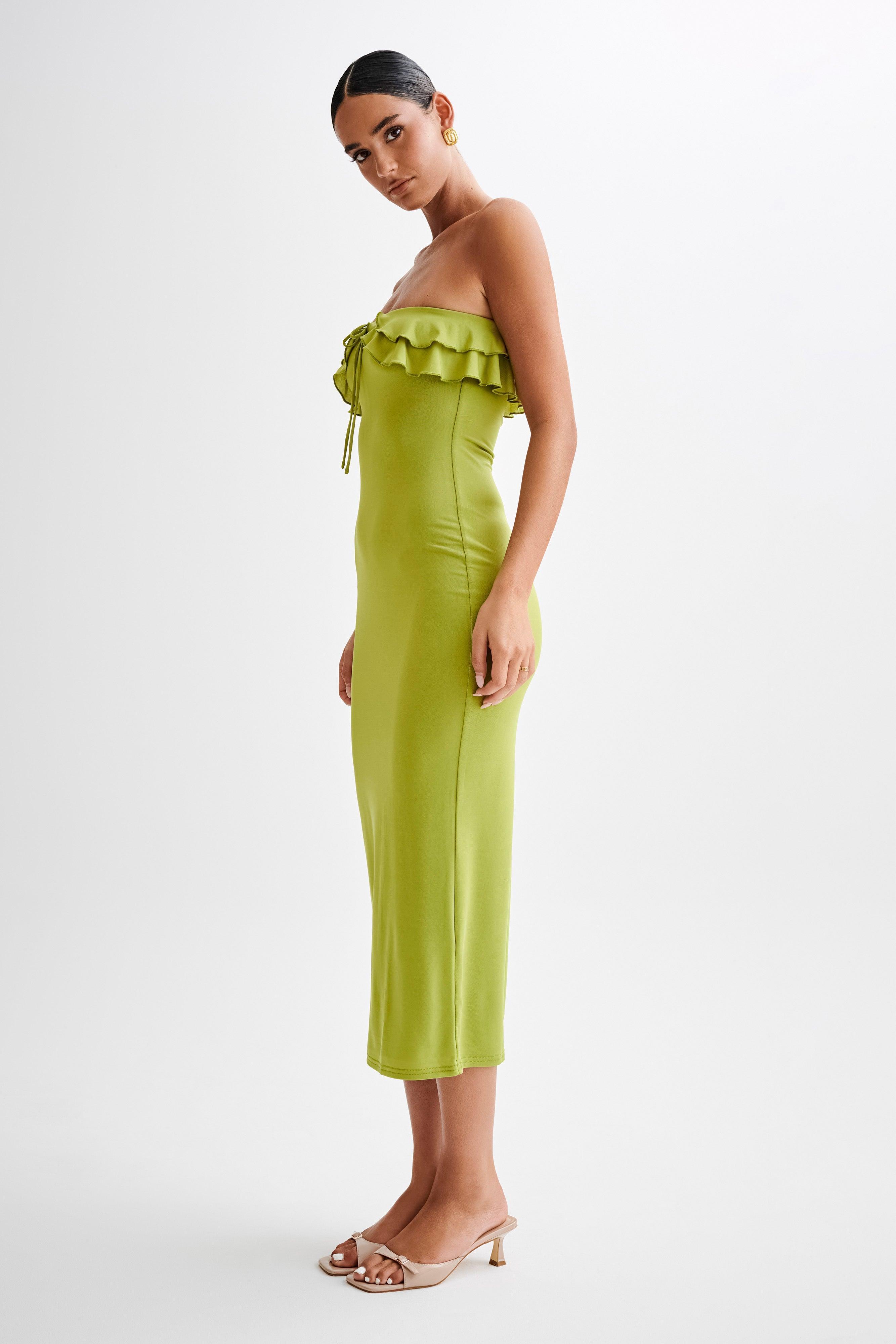 Bea Strapless Slinky Ruffle Midi Dress - Apple Product Image