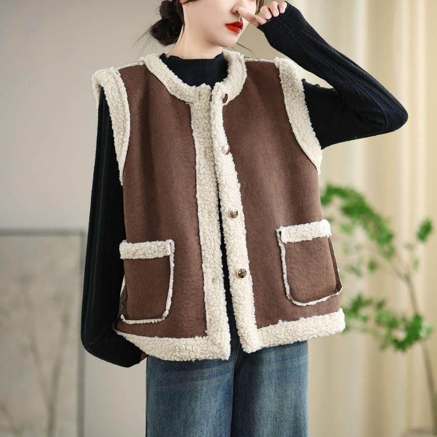 Sleeveless Round Neck Fleece Trim Button Down Vest Product Image