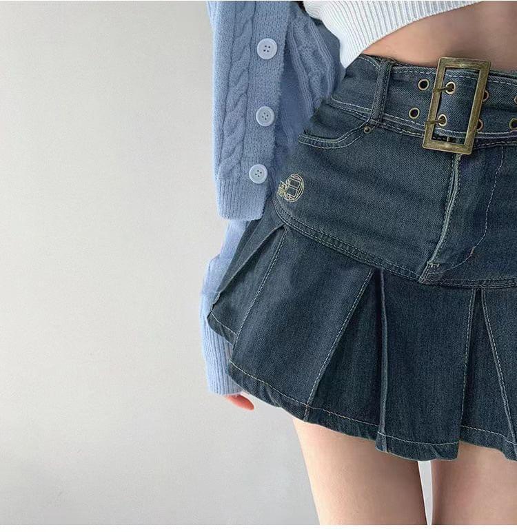 High Rise Belted Denim Mini A-Line  Skirt Product Image