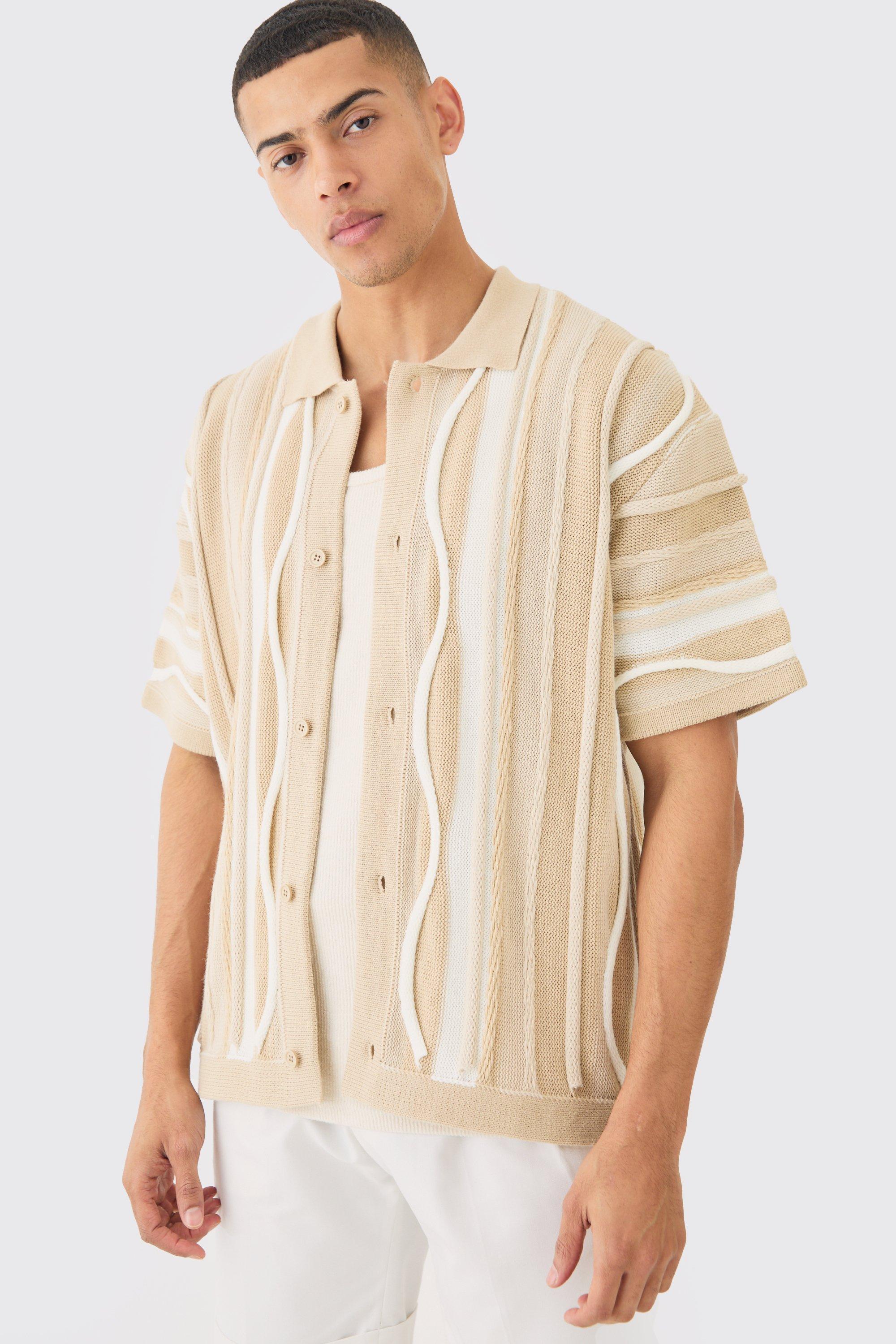 Mens Beige Boxy 3d Jacquard Knit Shirt, Beige Product Image