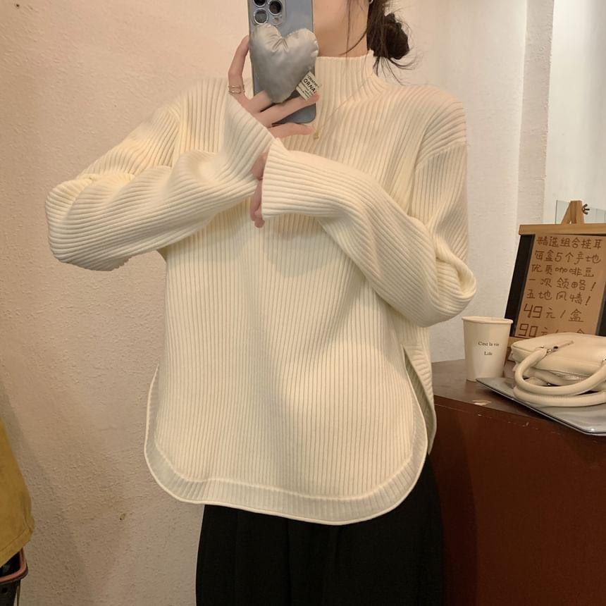 Long-Sleeve Mock Neck Plain Ribbed Slit Knit Top Product Image