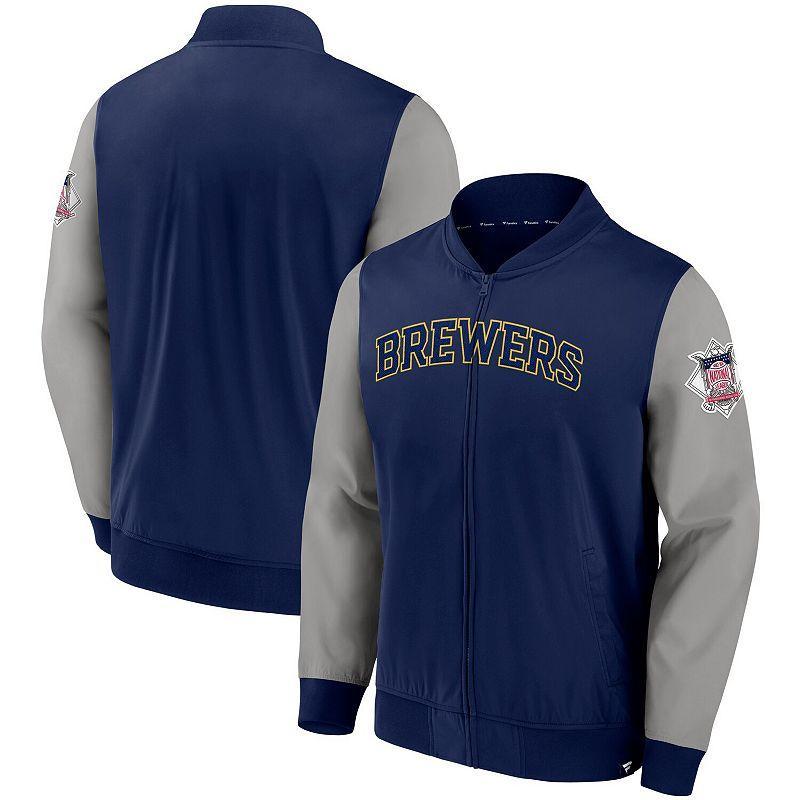 Mens Fanatics Branded /Gray Milwaukee Brewers Iconic Record Holder Woven Full-Zip Bomber Jacket Blue Product Image