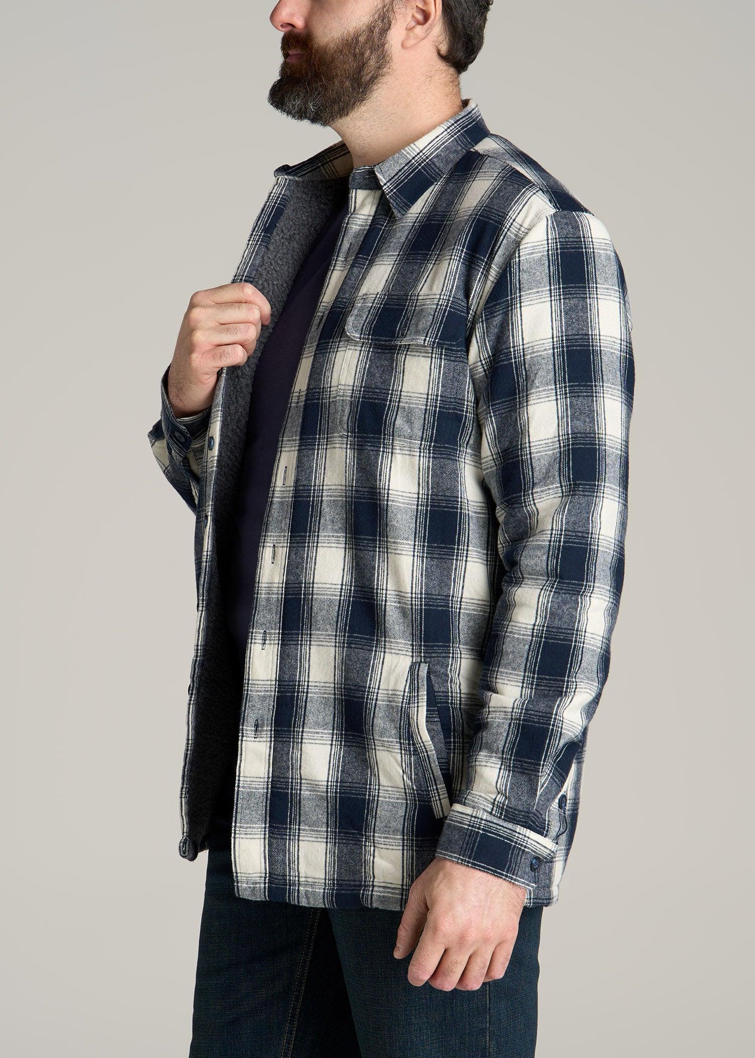 LJ&S Men's Tall Sherpa Lined Shirt Jacket in Midnight Navy & Ecru Plaid Male Product Image