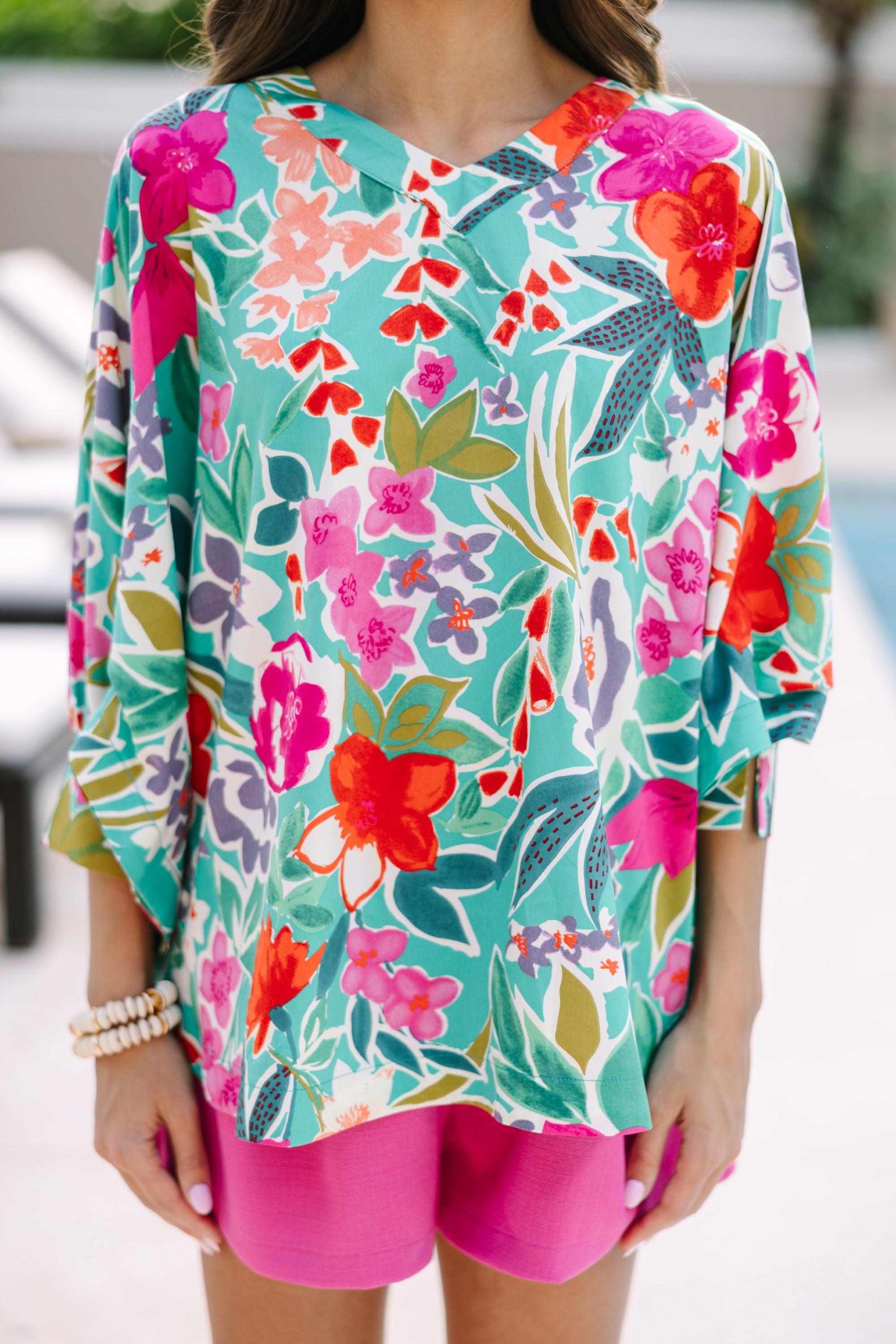 Now You Know Teal Green Floral Top Female Product Image