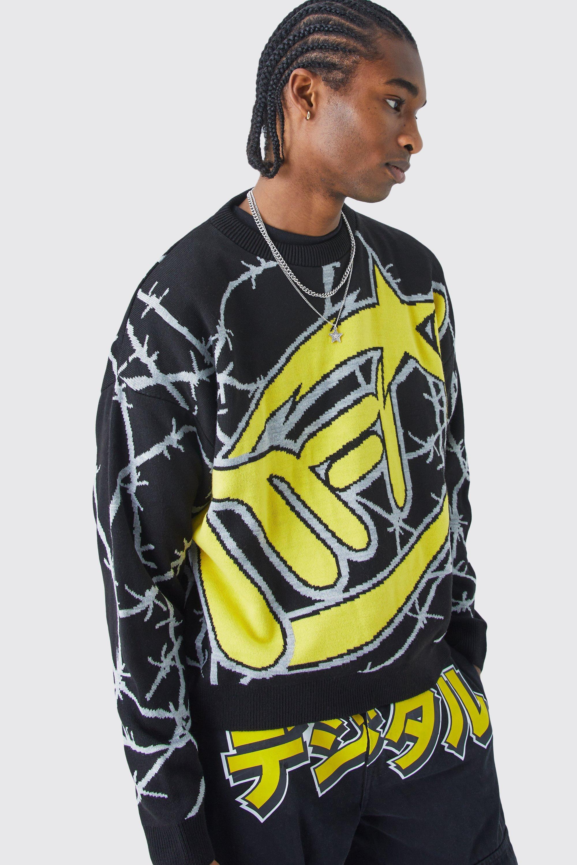 Oversized Boxy Barbwire Print Knitted Sweater | boohooMAN USA Product Image