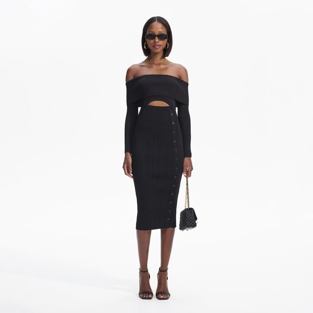 Black Off Shoulder Knit Midi Dress Product Image